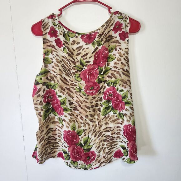 Notations Floral Leopard Print Sleeveless Tank Top Blouse XL Brown Pink - Picture 3 of 8